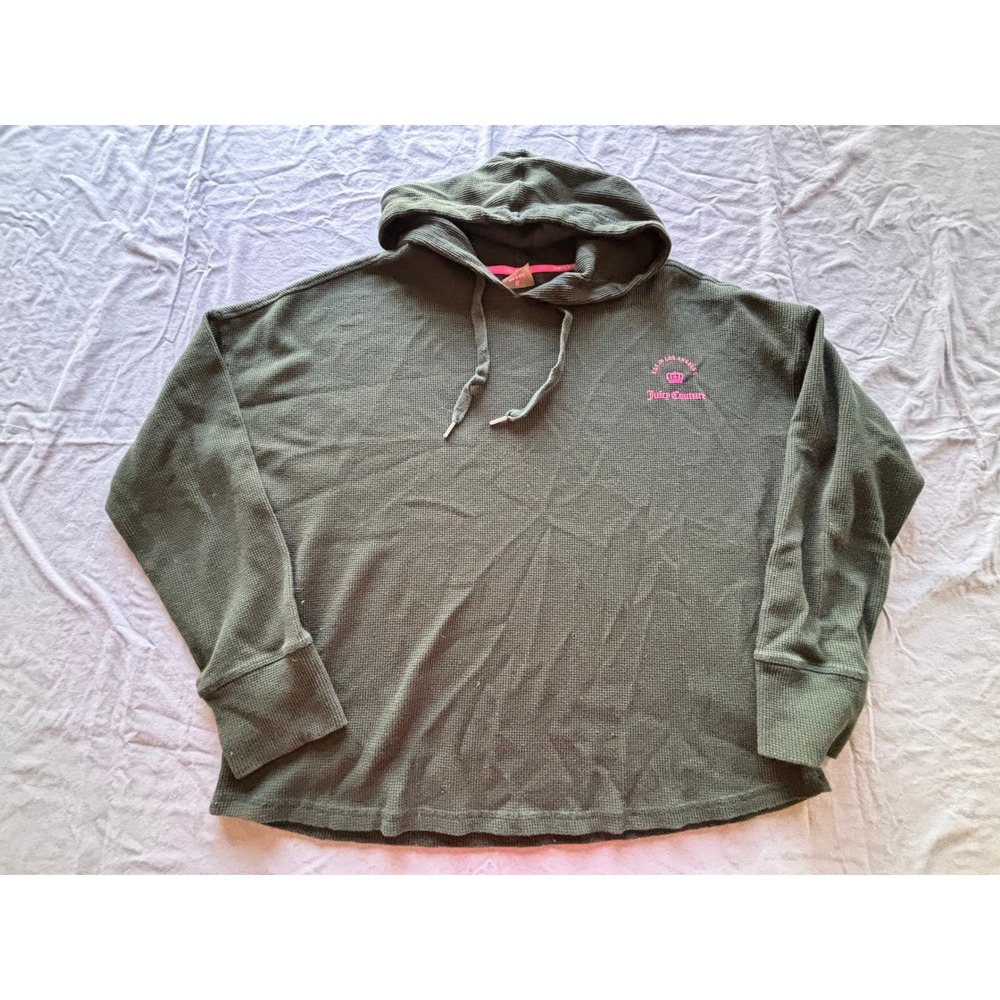 Juicy Couture Sport Olive Green Waffle Knit Thermal Hoodie XL Pink Logo 1933